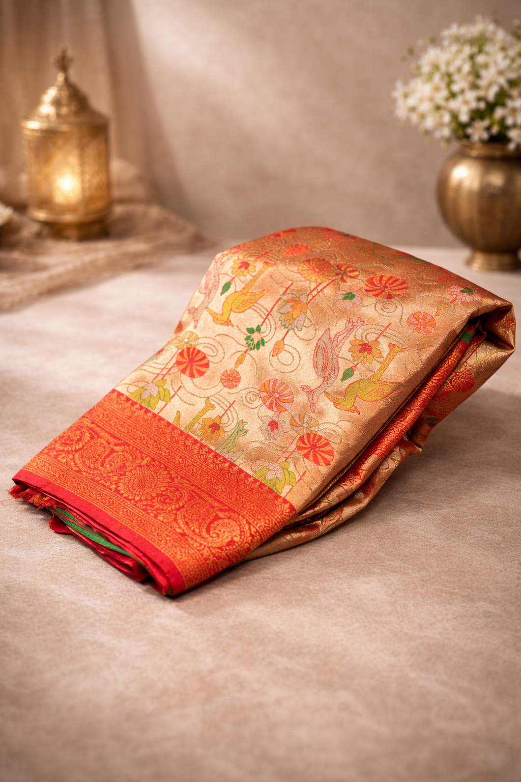 Banarasi Golden–Red Kanjivaram Silk Saree
