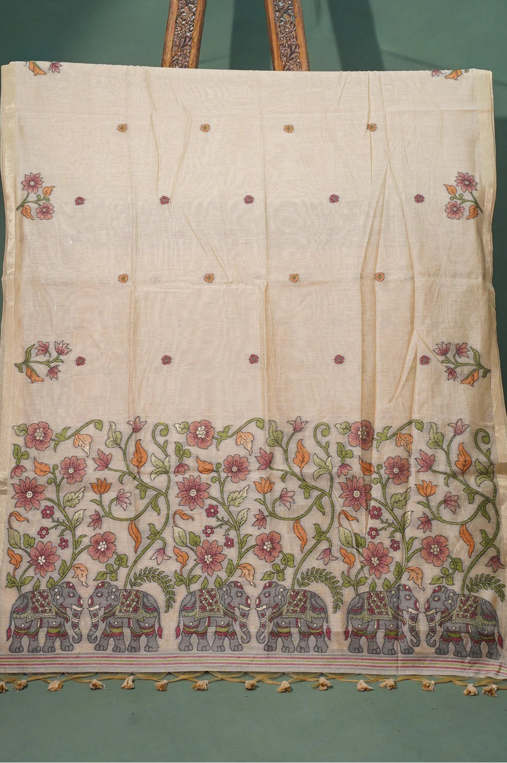 Raw Silk Saree with Handwoven Elephant & Floral Pallu