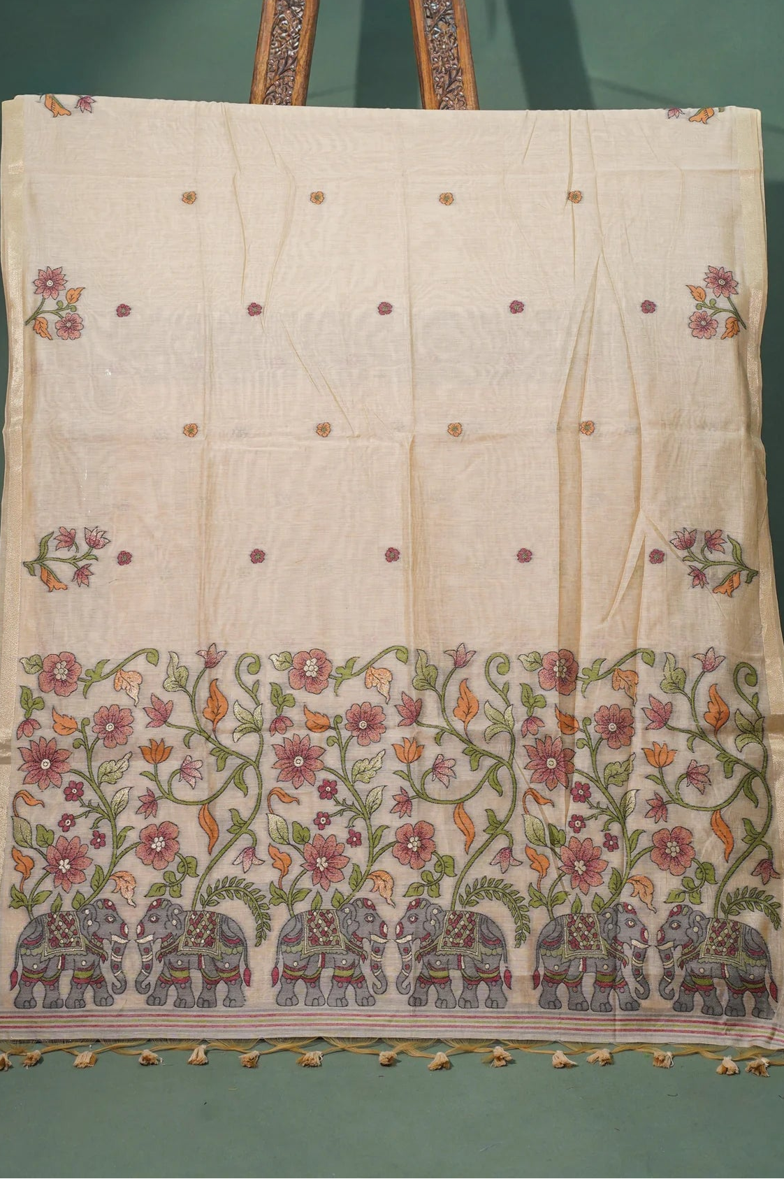 Raw Silk Saree with Handwoven Elephant & Floral Pallu