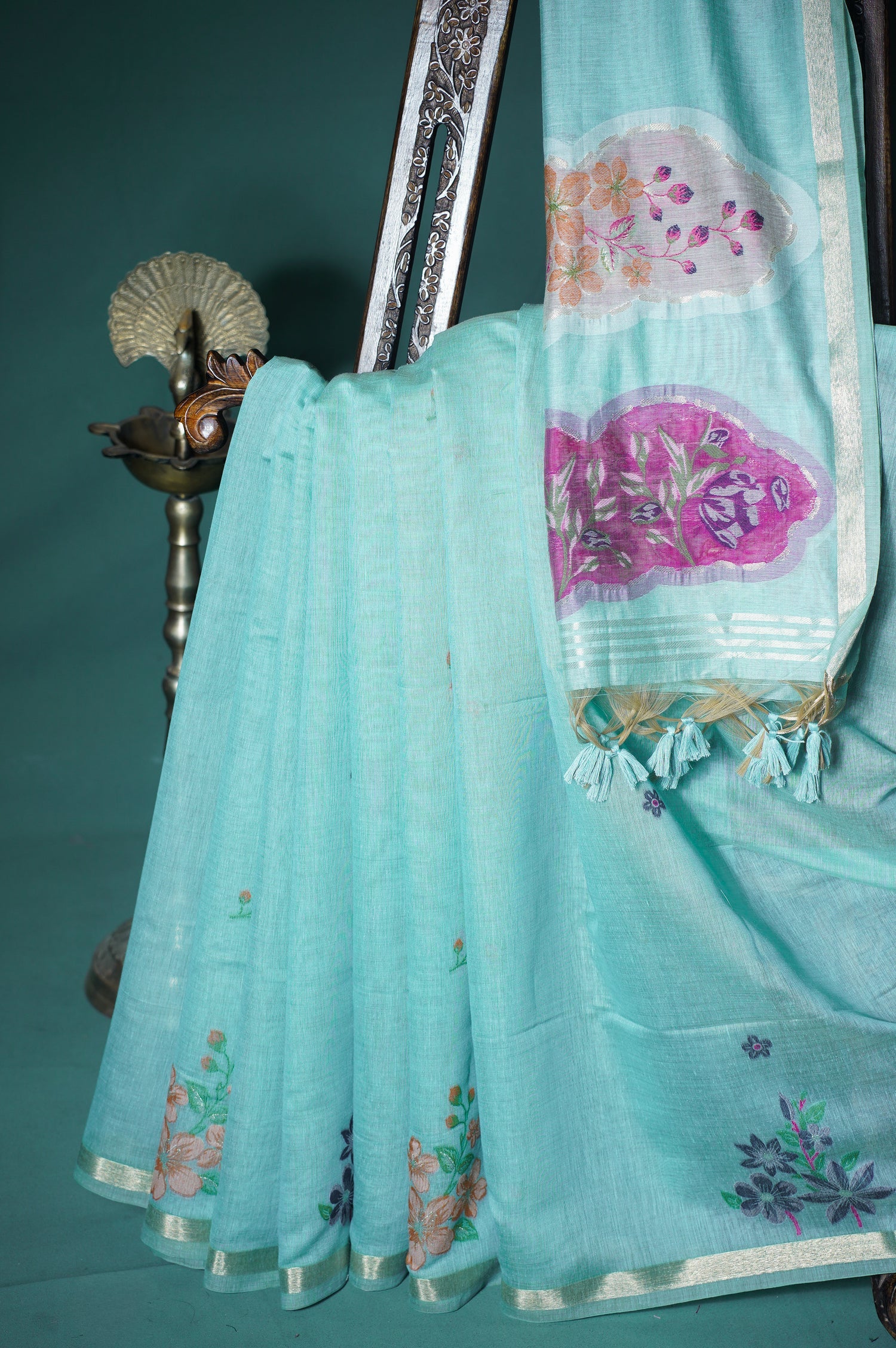 Sea Green Chanderi Jamdani Silk Saree
