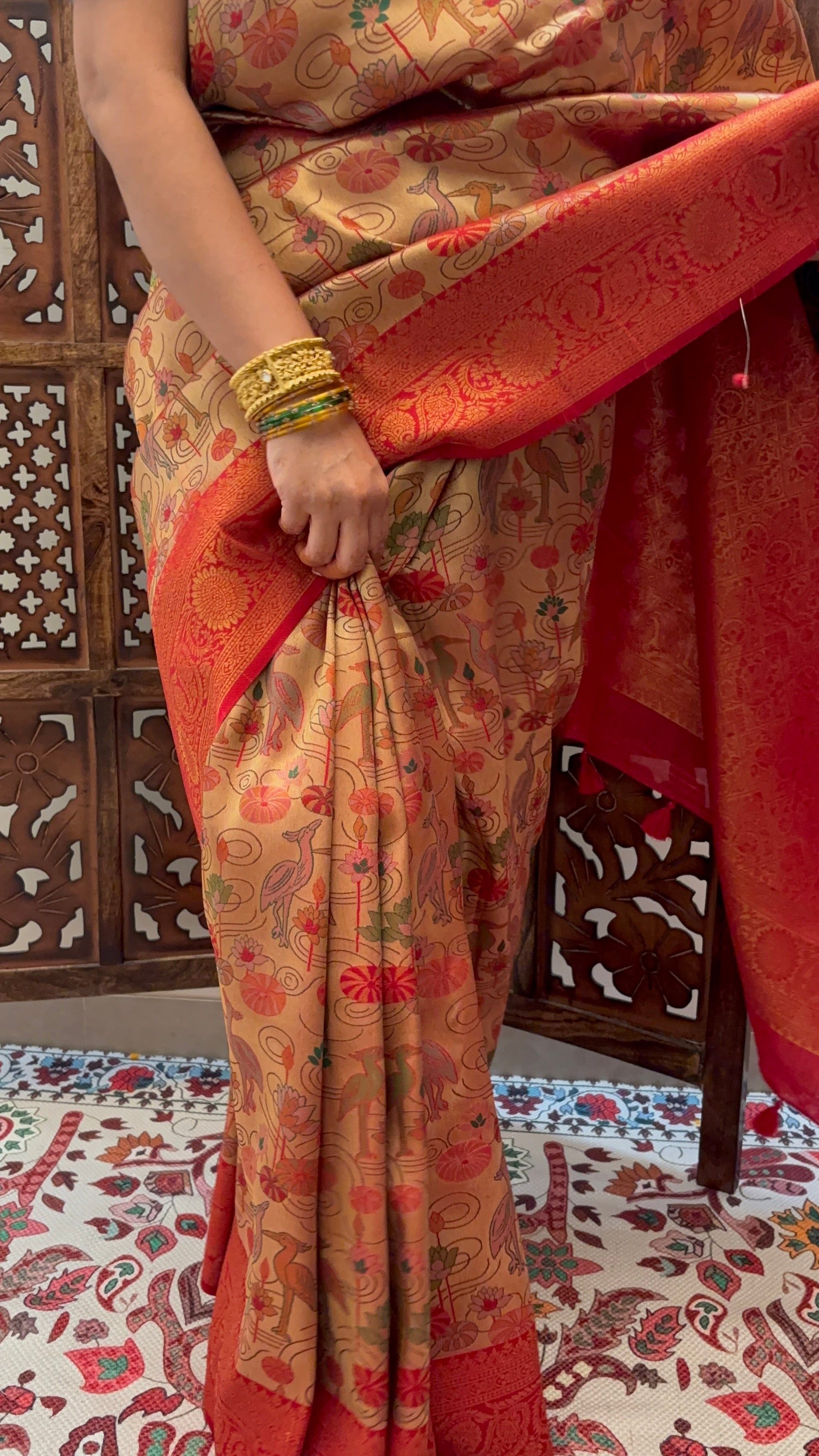 Banarasi Golden–Red Kanjivaram Silk Saree