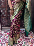 Person wearing a traditional saree with intricate patterns in a room with decorative walls.